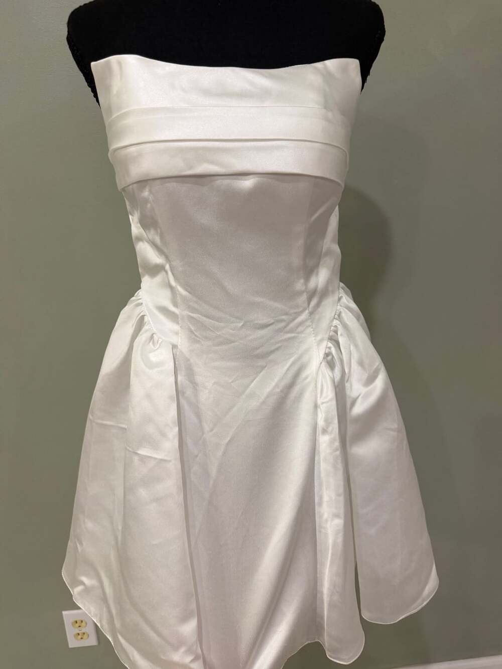 White Satin Strapless Pleated Corset Mini Dress Waterfall Waist